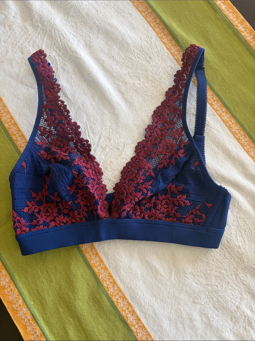 Wacoal Navy Bralette with Burgundy Floral Lace Accents